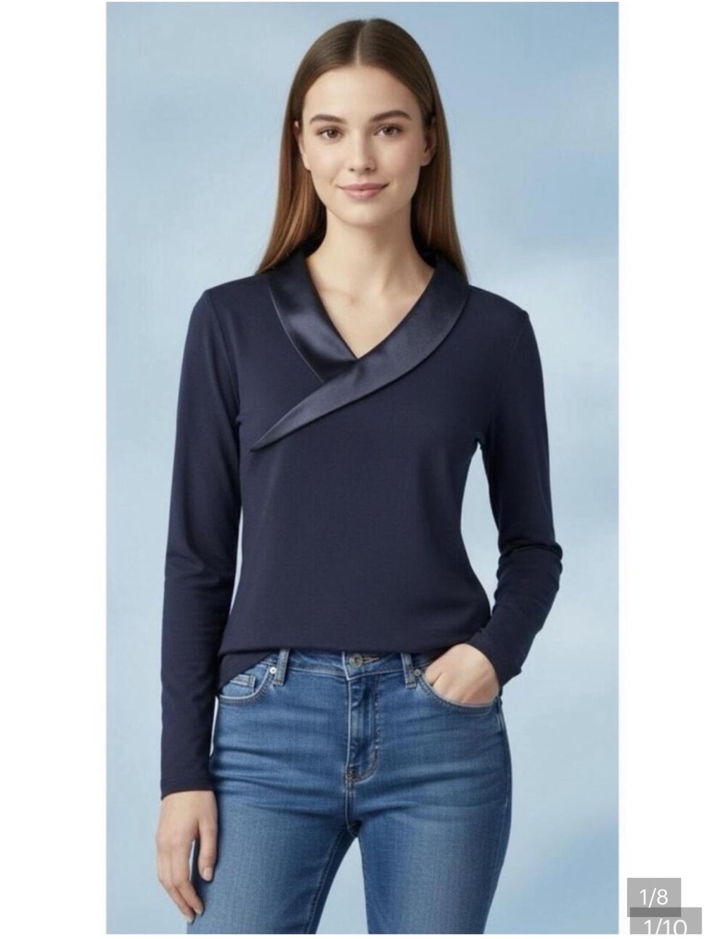 Temperley London Cotton Navy Long Sleeve Top with Satin Neckline Medium